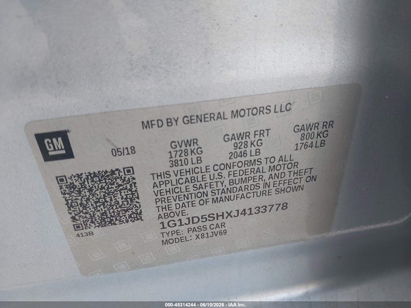 2018 Chevrolet Sonic Lt Auto VIN: 1G1JD5SHXJ4133778 Lot: 45314244