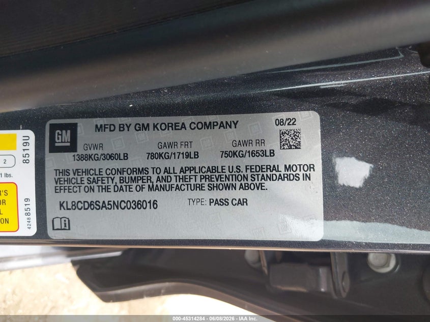 2022 Chevrolet Spark Fwd 1Lt Automatic VIN: KL8CD6SA5NC036016 Lot: 45314284