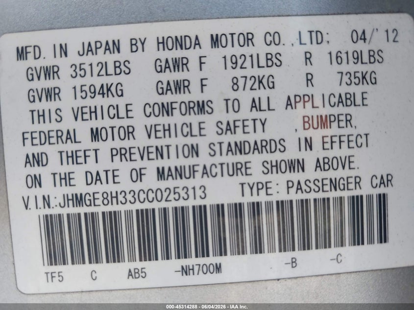2012 Honda Fit VIN: JHMGE8H33CC025313 Lot: 45314288