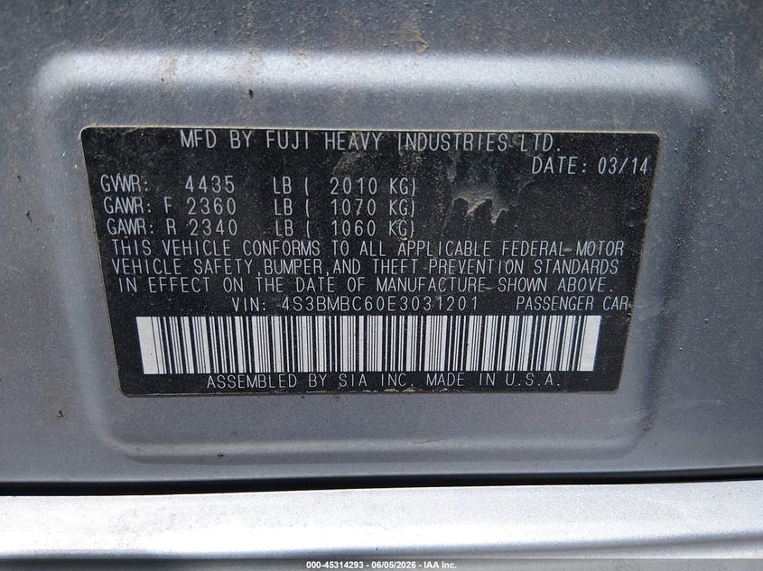 2014 Subaru Legacy 2.5I Premium VIN: 4S3BMBC60E3031201 Lot: 45314293