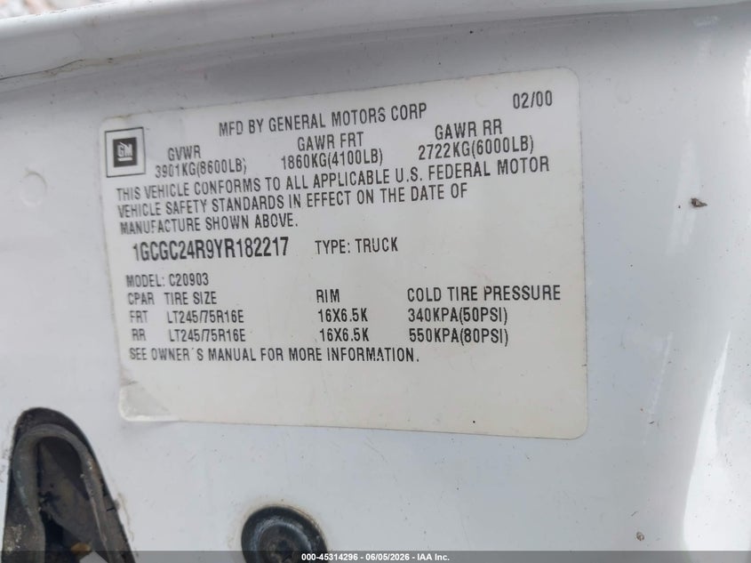 2000 Chevrolet C2500 VIN: 1GCGC24R9YR182217 Lot: 45314296