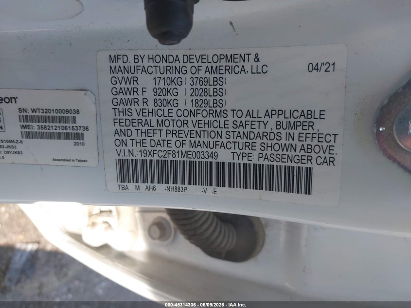 2021 HONDA CIVIC 2.0L I-4 DOHC, VVT, (VIN: 19XFC2F81ME003349