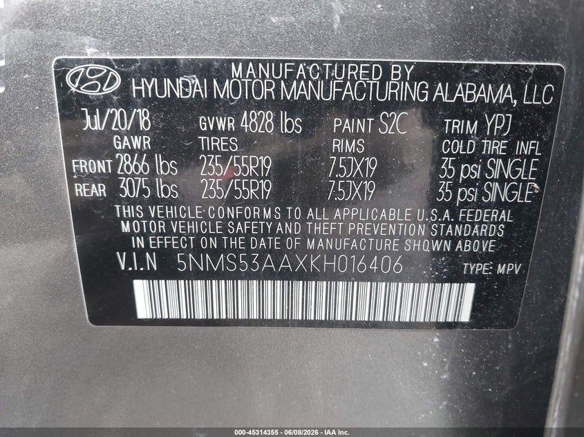 2019 HYUNDAI SANTA FE SPORT UTILITY VEHICLE 2.0L I-4 DI, DOHC, VVT, TURBO, 235HP