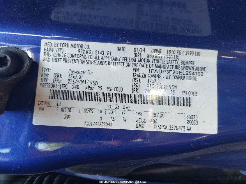 2014 Ford Focus Se VIN: 1FADP3F20EL254102 Lot: 45314375