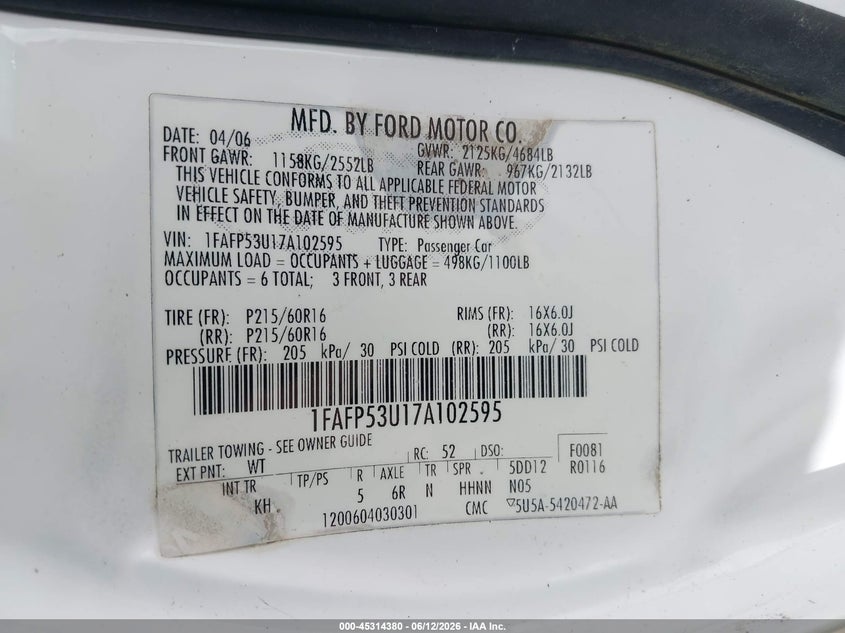 2007 Ford Taurus Se VIN: 1FAFP53U17A102595 Lot: 45314380