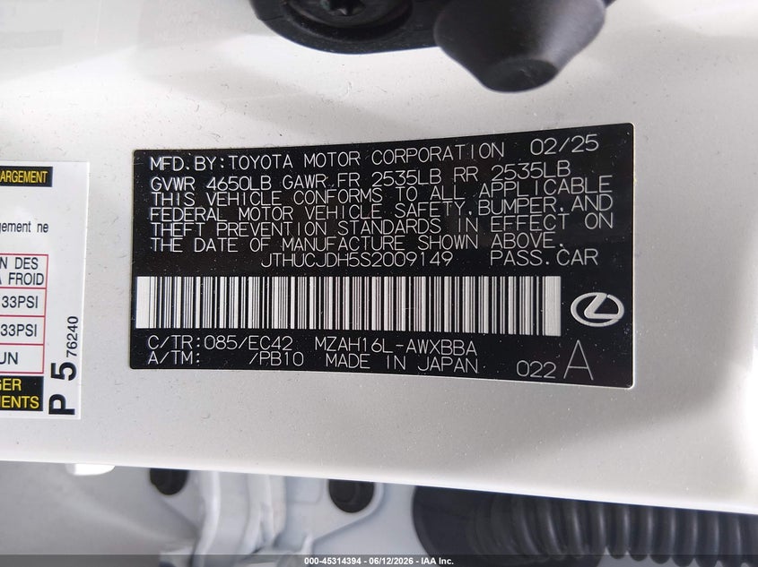 2025 Lexus Ux 300H Premium VIN: JTHUCJDH5S2009149 Lot: 45314394