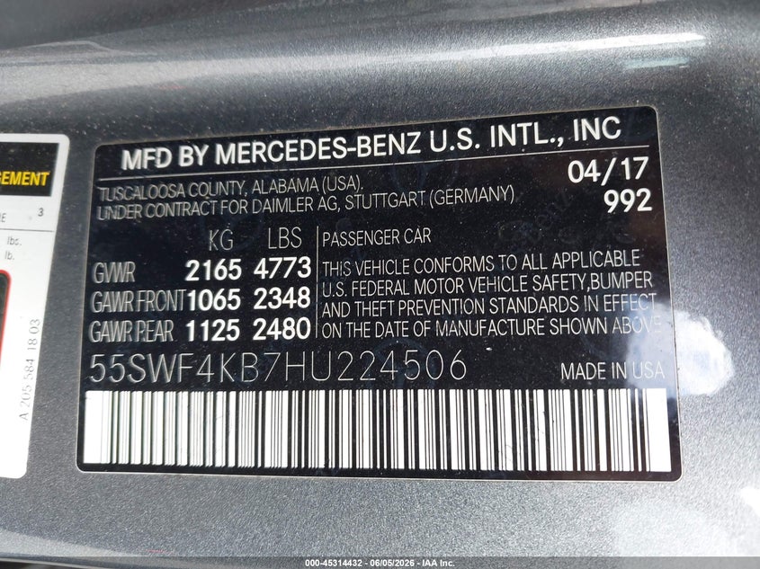 2017 Mercedes-Benz C 300 4Matic VIN: 55SWF4KB7HU224506 Lot: 45314432