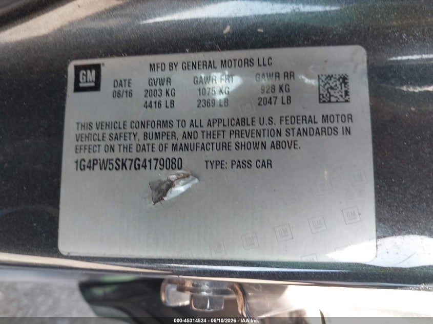 2016 Buick Verano Sport Touring Group VIN: 1G4PW5SK7G4179080 Lot: 45314524