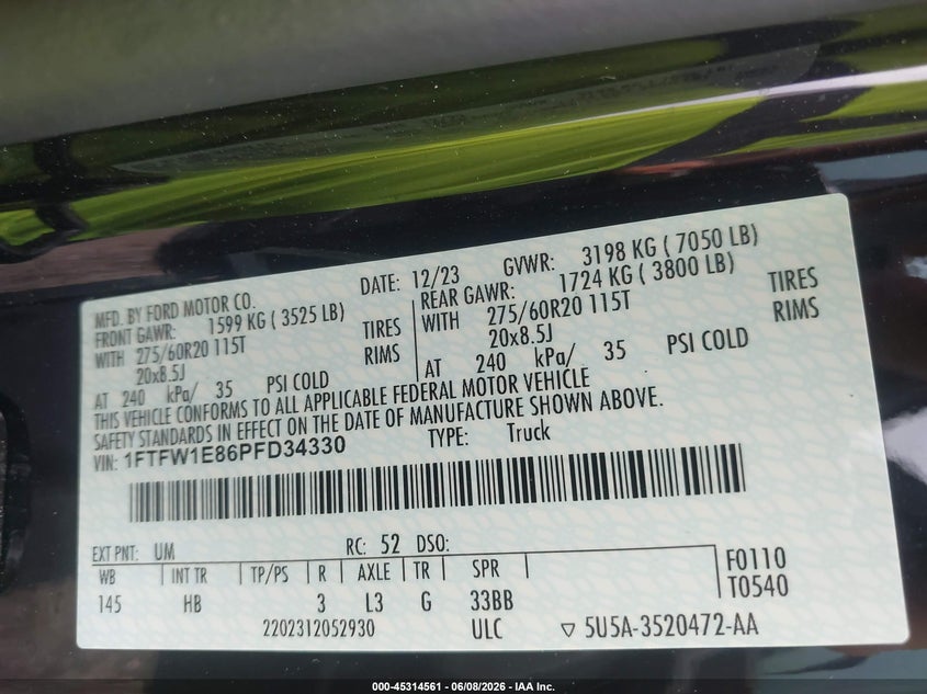 2023 FORD F-150 3.5L V-6 DI, DOHC, V(VIN: 1FTFW1E86PFD34330