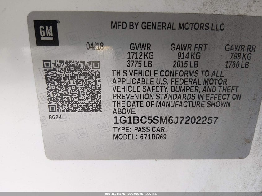 2018 Chevrolet Cruze Ls Auto VIN: 1G1BC5SM6J7202257 Lot: 45314576