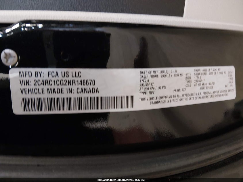 CHRYSLER VOYAGER 2022 VIN 2C4RC1CG2NR146670