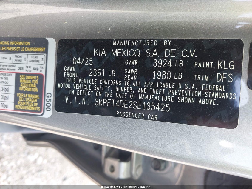 2025 KIA K4 2.0L I-4 DOHC, VVT, (VIN: 3KPFT4DE2SE135425