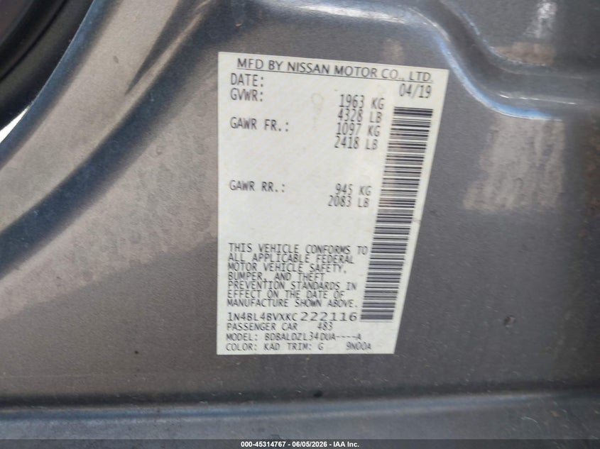2019 NISSAN ALTIMA SEDAN 2.5L I-4 DI, DOHC, VVT, 182HP