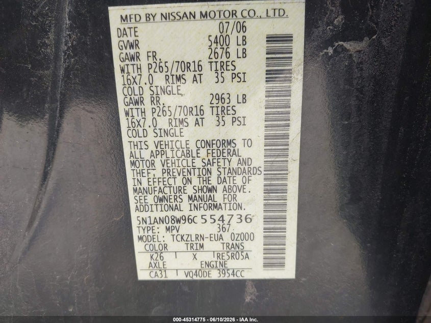 2006 Nissan Xterra S VIN: 5N1AN08W96C554736 Lot: 45314775
