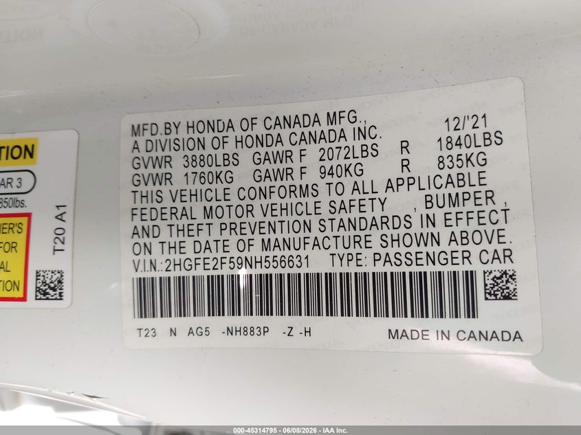 2022 HONDA CIVIC 2.0L I-4 DI, DOHC, V(VIN: 2HGFE2F57NH539312