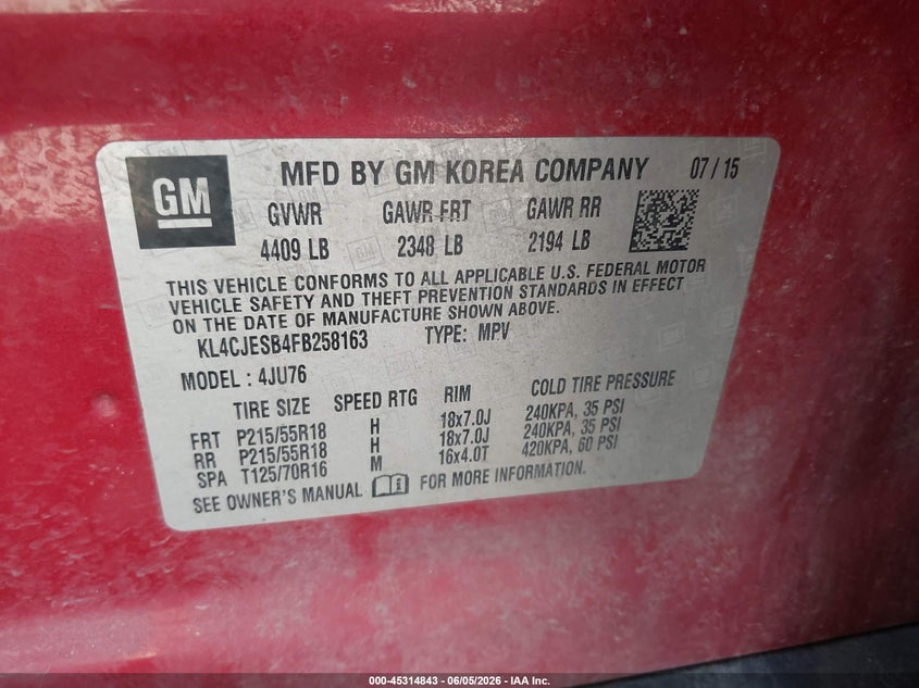2015 Buick Encore VIN: KL4CJESB4FB258163 Lot: 45314843