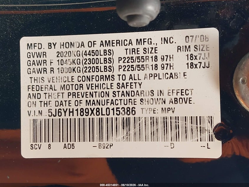2008 Honda Element Sc VIN: 5J6YH189X8L015386 Lot: 45314851
