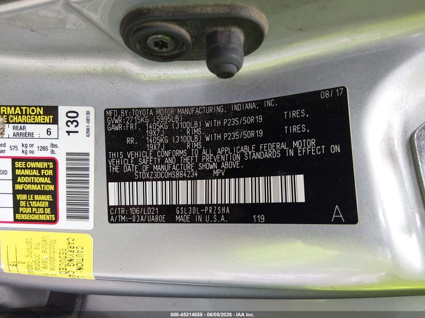 2017 Toyota Sienna Se Premium 8 Passenger VIN: 5TDXZ3DC0HS884234 Lot: 45314858