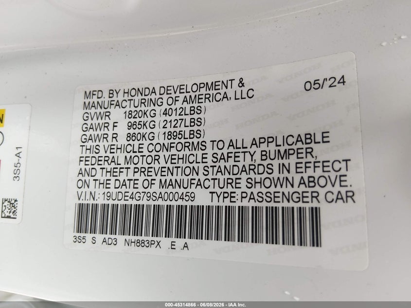 2025 Acura Integra A-Spec Technology VIN: 19UDE4G79SA000459 Lot: 45314866