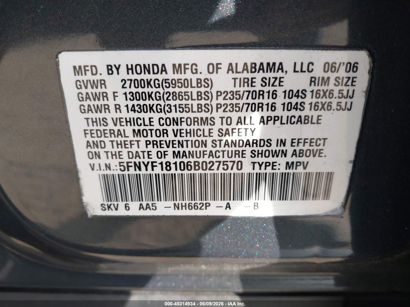 2006 Honda Pilot Lx VIN: 5FNYF18106B027570 Lot: 45314934