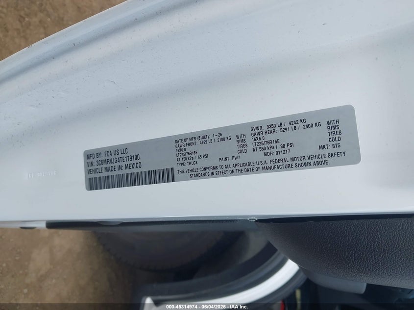 2026 Ram Promaster 3500 Cargo Van Tradesman High Roof 159 Wb Ext W/Pass Seat VIN: 3C6MRVJG4TE179100 Lot: 45314974