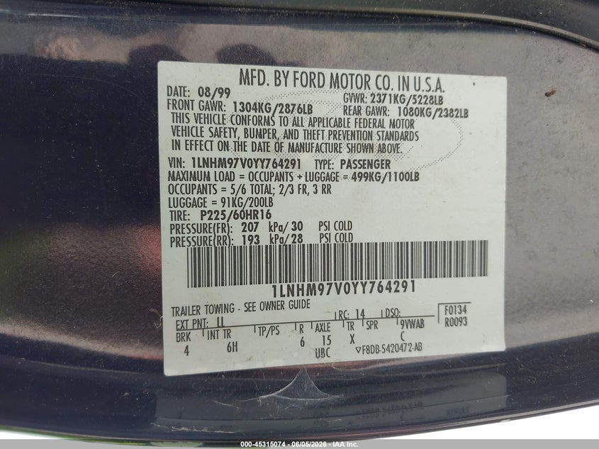 2000 Lincoln Continental VIN: 1LNHM97V0YY764291 Lot: 45315074