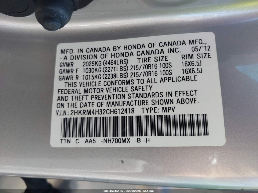 2012 HONDA CR-V SPORT UTILITY VEHICLE 2.4L I-4 DOHC, VVT, 185HP