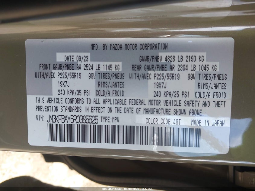 2024 MAZDA CX-5 2.5L I-4 DI, DOHC, V(VIN: JM3KFBAY6R0385625