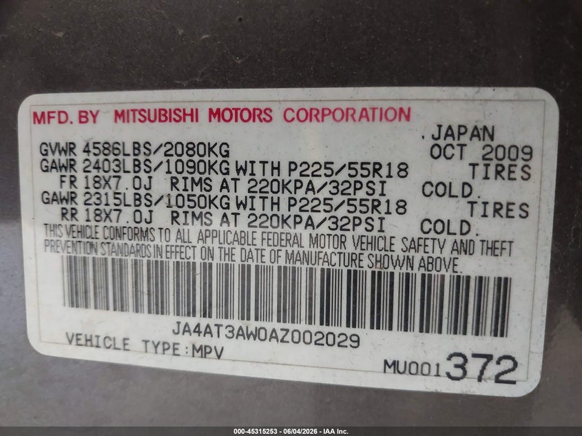 2010 Mitsubishi Outlander Se VIN: JA4AT3AW0AZ002029 Lot: 45315253
