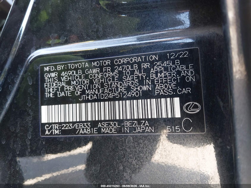 2023 LEXUS IS 300 2.0L I-4 DI, DOHC, V(VIN: JTHDA1D24P5124901