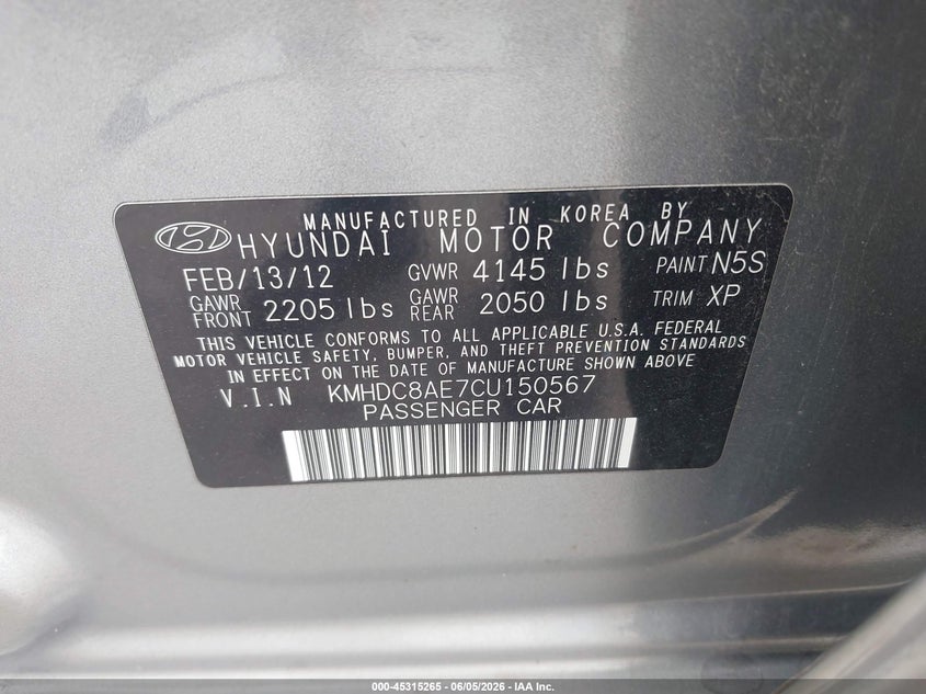 2012 Hyundai Elantra 2.0 Touring Se grey Lot 111045315265 Vin KMHDC8AE7CU150567