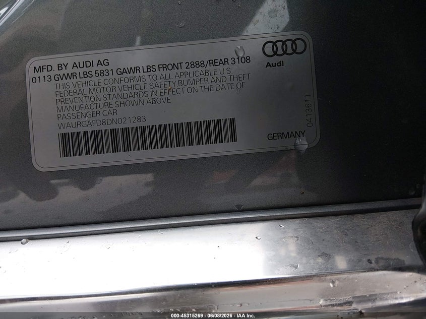 2013 Audi A8 L 3.0T VIN: WAURGAFD8DN021283 Lot: 45315269
