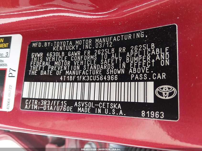 2012 Toyota Camry Se VIN: 4T1BF1FK3CU564966 Lot: 45315306
