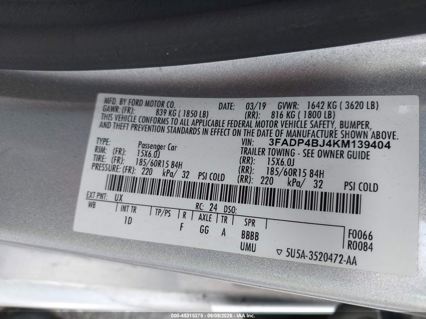 VIN 3FADP4BJ4KM139404 2019 FORD FIESTA SE