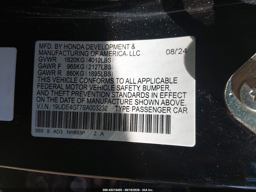 2025 Acura Integra A-Spec Technology VIN: 19UDE4G77SA003232 Lot: 45315405