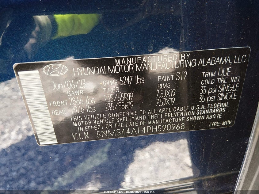 2023 HYUNDAI SANTA FE 2.5L I-4 DI, DOHC, V(VIN: 5NMS44AL4PH590968