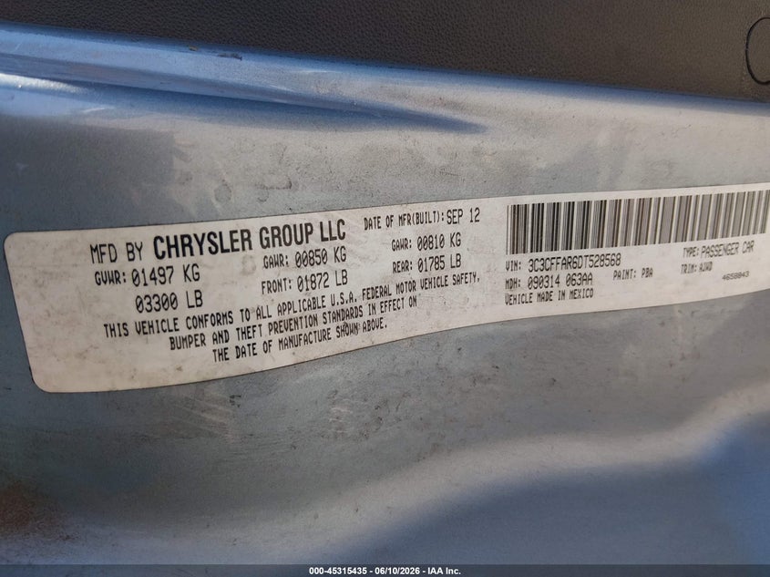 2013 Fiat 500 Pop VIN: 3C3CFFAR6DT528568 Lot: 45315435