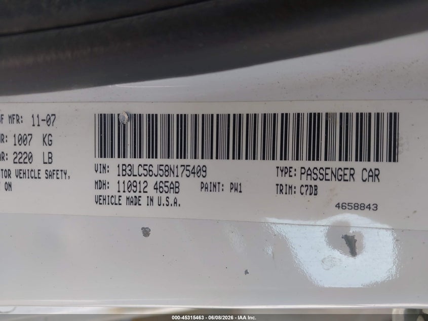 2008 DODGE AVENGER SEDAN 2.4L I-4 DOHC, VVT, 173HP