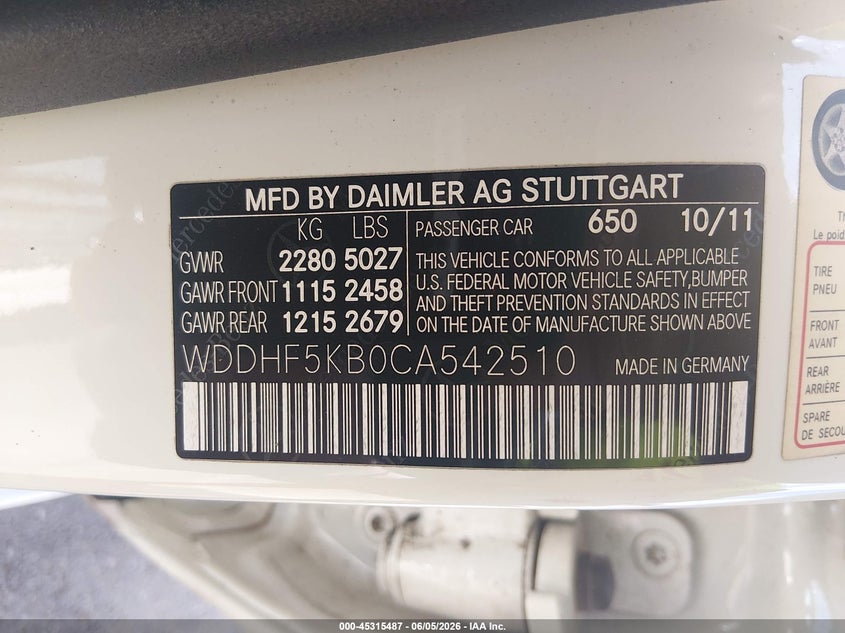2012 Mercedes-Benz E 350 VIN: WDDHF5KB0CA542510 Lot: 45315487