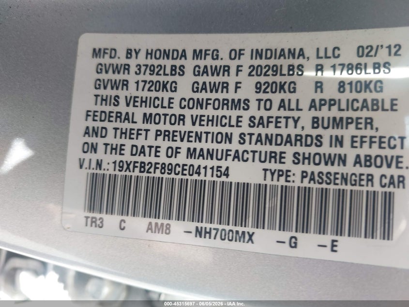 2012 Honda Civic 1.8 Ex grey Lot 111045315697 Vin 19XFB2F89CE041154