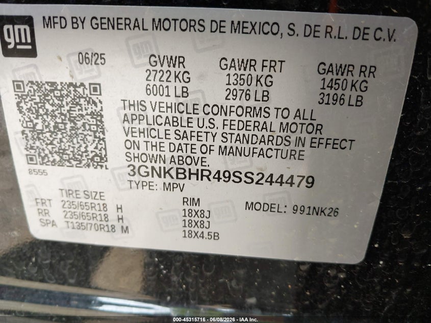 VIN 3GNKBHR49SS244479 2025 CHEVROLET BLAZER AWD 2LT