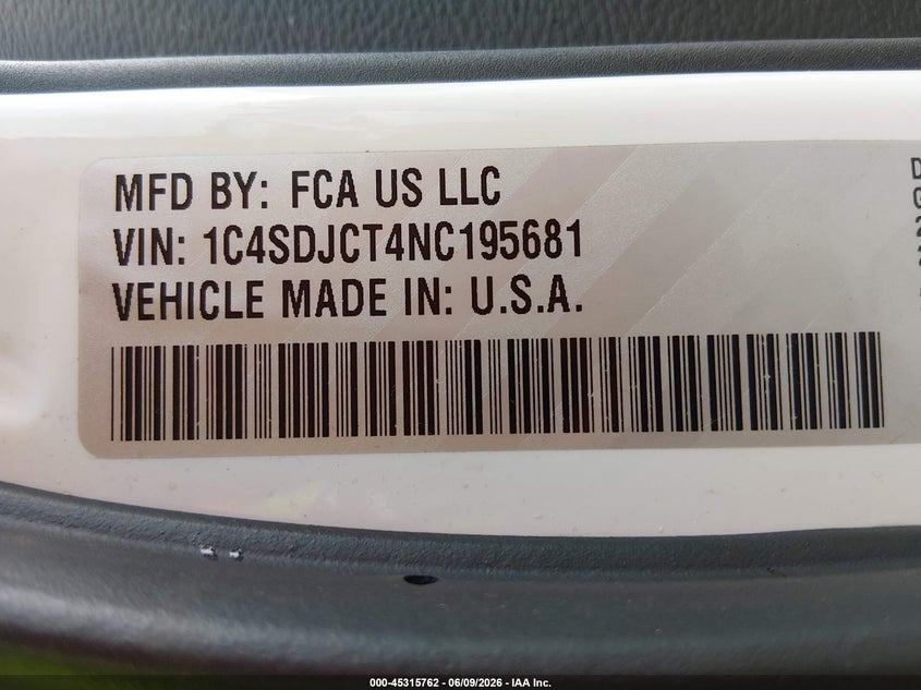 2022 Dodge Durango R/T Awd VIN: 1C4SDJCT4NC195681 Lot: 45315762