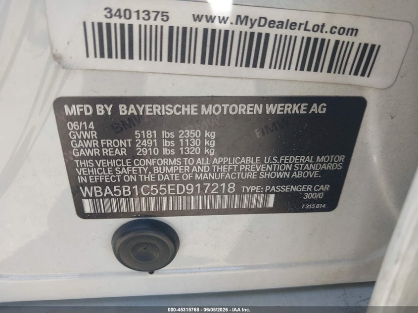2014 BMW 535I VIN: WBA5B1C55ED917218 Lot: 45315768