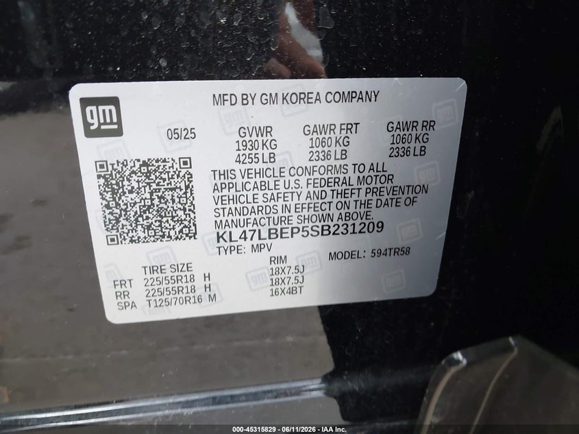 2025 Buick Envista Sport Touring Fwd VIN: KL47LBEP5SB231209 Lot: 45315829