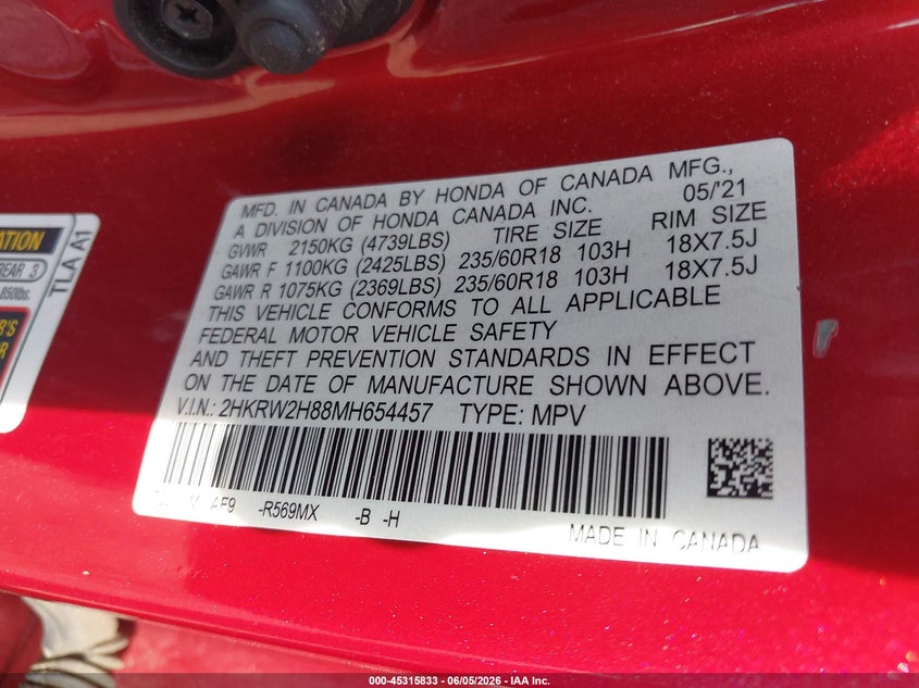 2021 HONDA CR-V 1.5L I-4 DI, DOHC, V(VIN: 2HKRW2H88MH654457