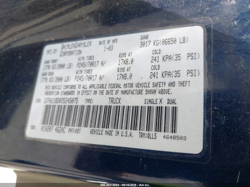 2003 Dodge Ram 1500 VIN: 1D7HU18D03S245075 Lot: 45315854