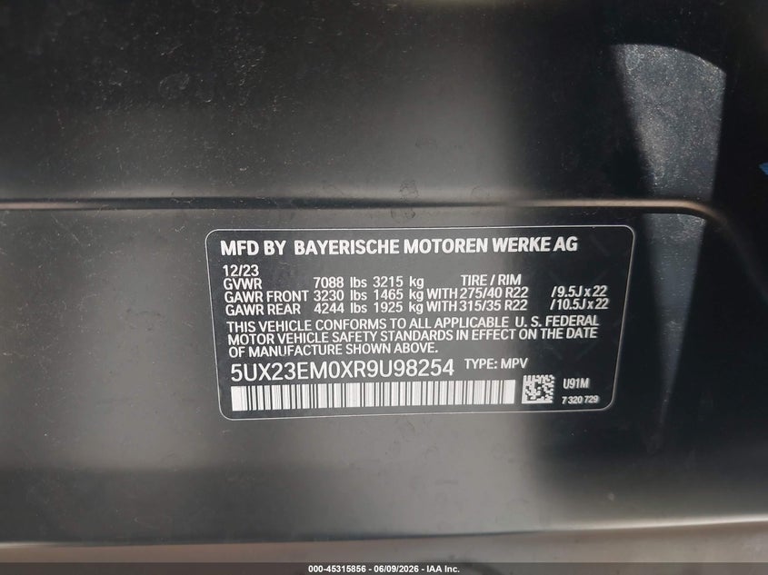 2024 BMW X7 3.0L I-6 DI, DOHC, V(VIN: 5UX23EM0XR9U98254