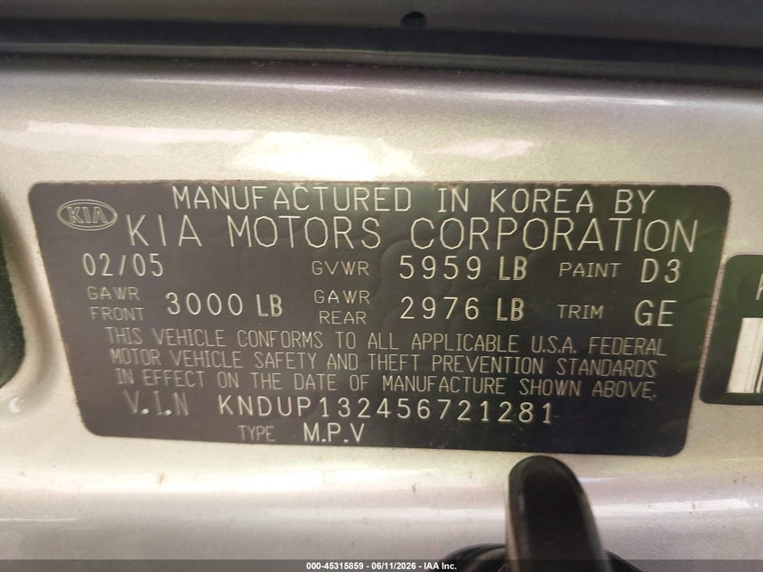 2005 Kia Sedona Ex/Lx VIN: KNDUP132456721281 Lot: 45315859