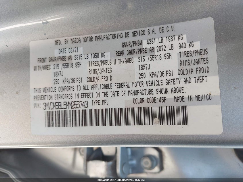 2021 MAZDA CX-30 2.5L I-4 DI, DOHC, V(VIN: 3MVDMBBL5MM256743