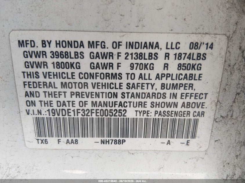 2015 Acura Ilx 2.0L VIN: 19VDE1F32FE005252 Lot: 45315940